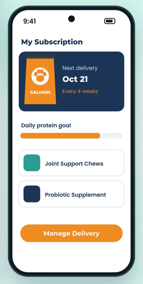 Mobile subscription screen showing next delivery and supplements