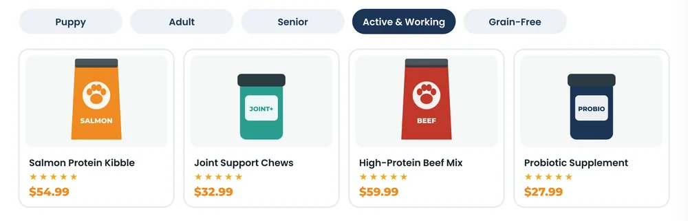BigCommerce life-stage filters and dog food and supplement product grid