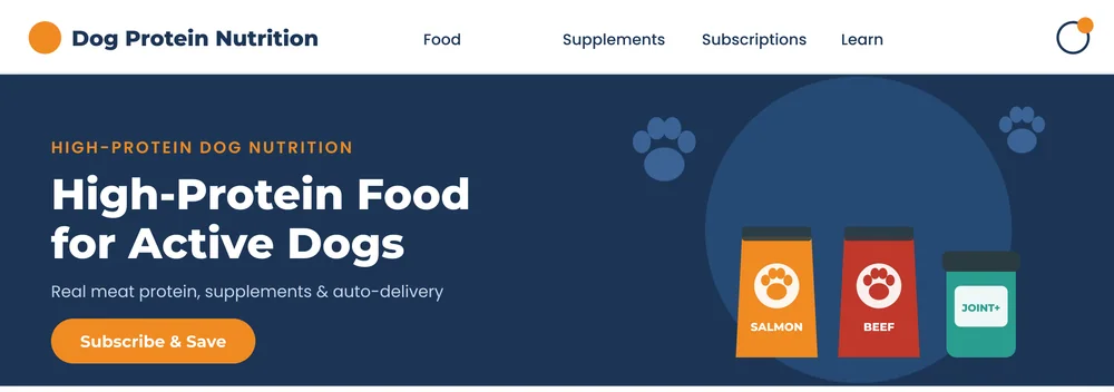BigCommerce storefront hero for high-protein dog food and supplements