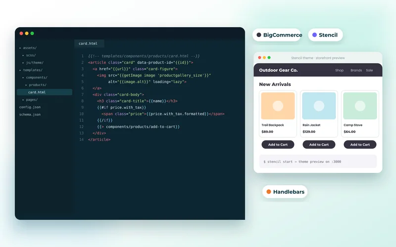 BigCommerce Stencil Handlebars product card template beside the storefront it renders