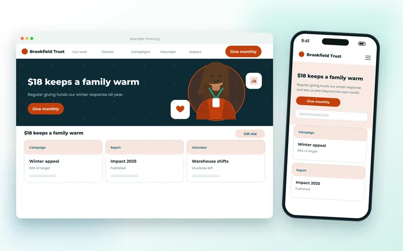 Charity website showing a donation appeal, campaign progress and impact reporting
