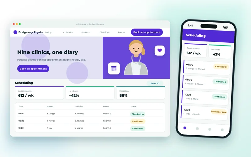Clinic scheduling dashboard showing appointments, clinicians, rooms and utilisation