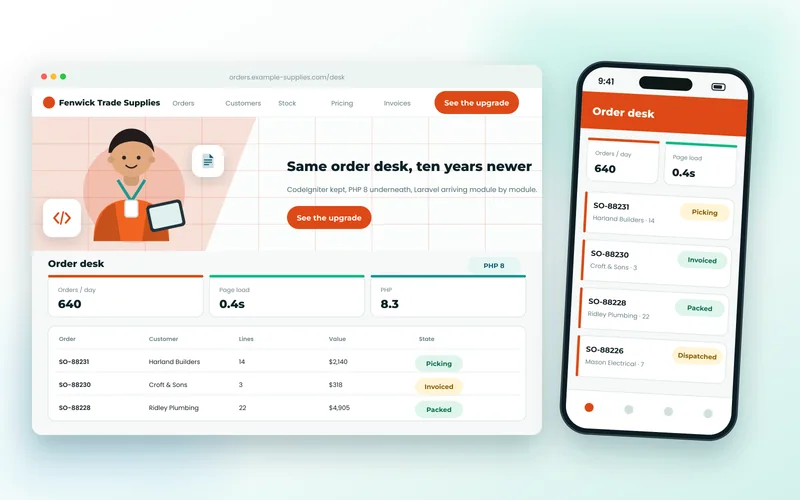 Trade supplier order desk dashboard listing orders, customers and stock after the CodeIgniter upgrade