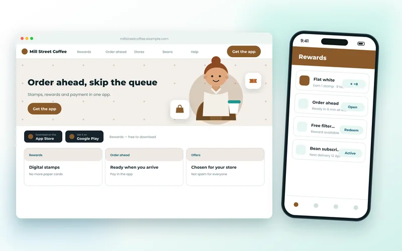 Coffee loyalty app screens showing stamp rewards and an order-ahead checkout