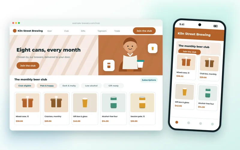 Craft brewery online store showing beer club subscription boxes and gift options