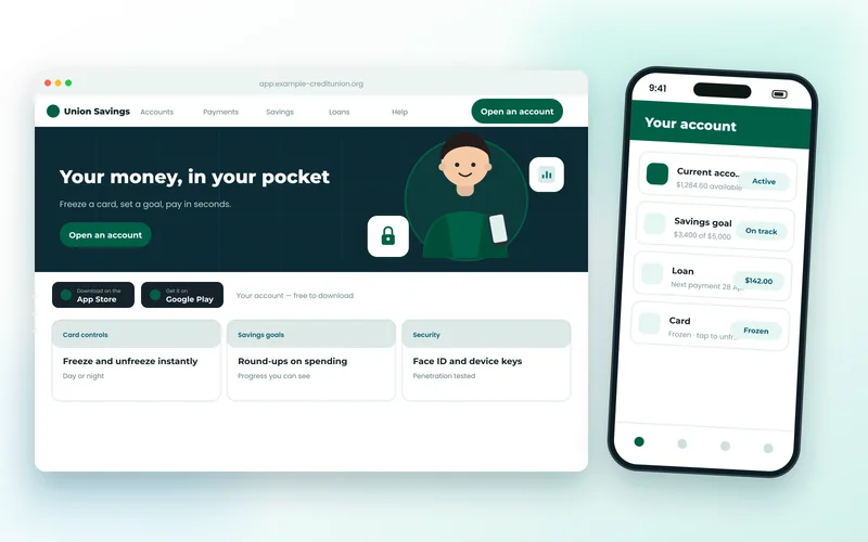 Mobile banking app screens showing account balance and a payment confirmation