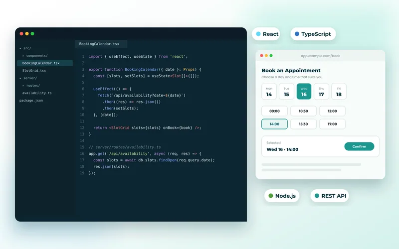 React and TypeScript booking calendar code beside the booking web app it powers