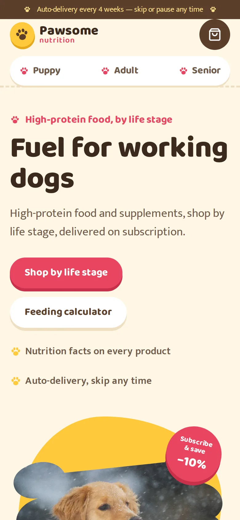 Pawsome Nutrition demo on a phone