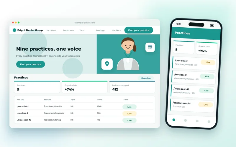 Migration dashboard mapping old practice URLs to new pages with redirect status and clicks
