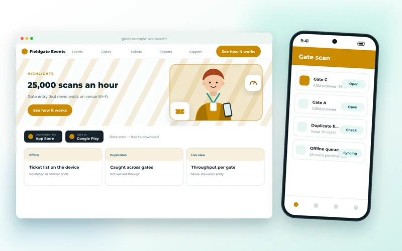 Gate scanning app screens showing scan throughput and a valid ticket confirmation