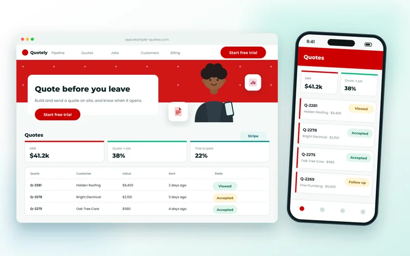 SaaS quoting dashboard showing pipeline, quote values and conversion metrics