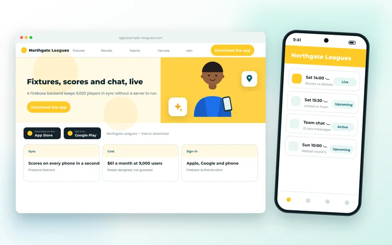 iOS and Android league app screens showing live fixtures, results and team chat backed by Firebase