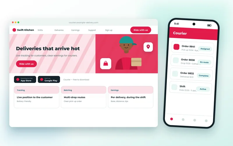 Courier app screens showing assigned deliveries and pick-up details