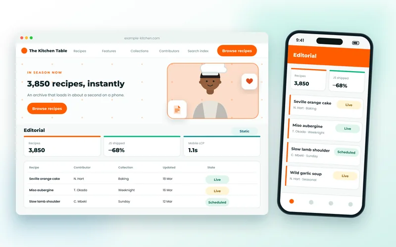 Food magazine editorial dashboard listing recipes, contributors and publishing status
