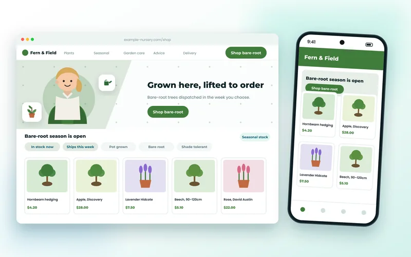 Garden nursery online store showing seasonal plant products and availability filters