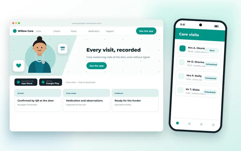 Home care app screens showing scheduled visits and a completed visit log