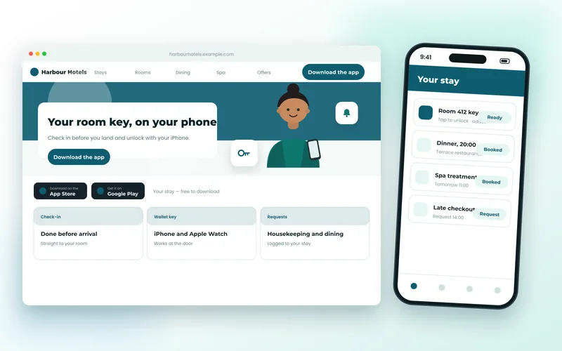Hotel guest app screens showing stay details, room key and check-in confirmation
