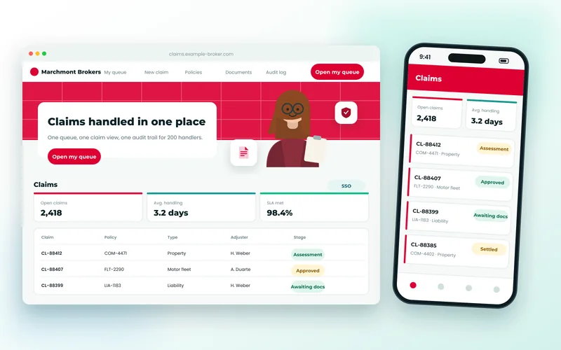 Insurance claims portal showing claim queues, adjusters, stages and SLA metrics