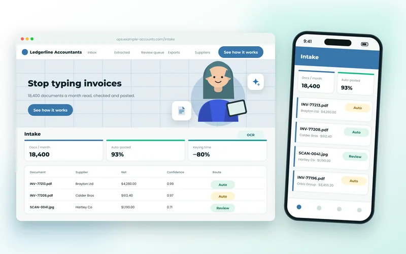 Document intake dashboard showing extracted invoice fields, confidence scores and review routing