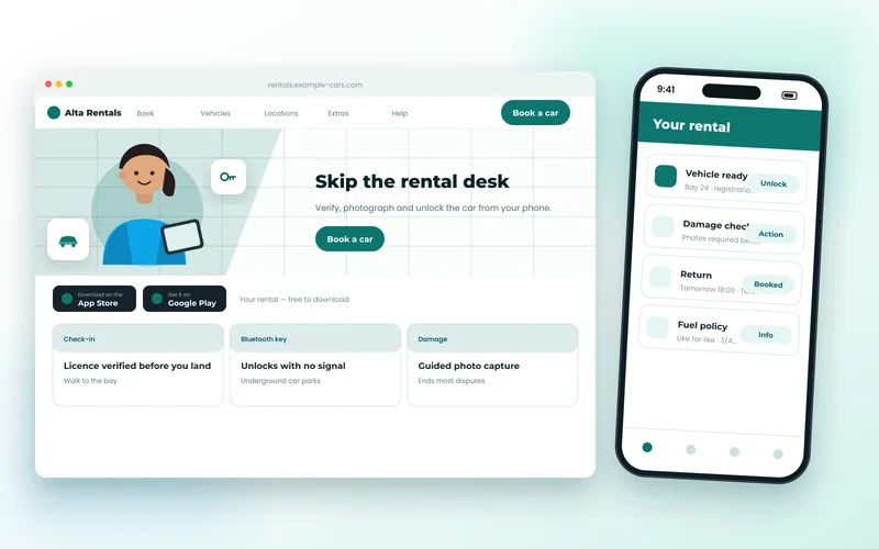 Car rental app screens showing vehicle ready for collection and unlock confirmation