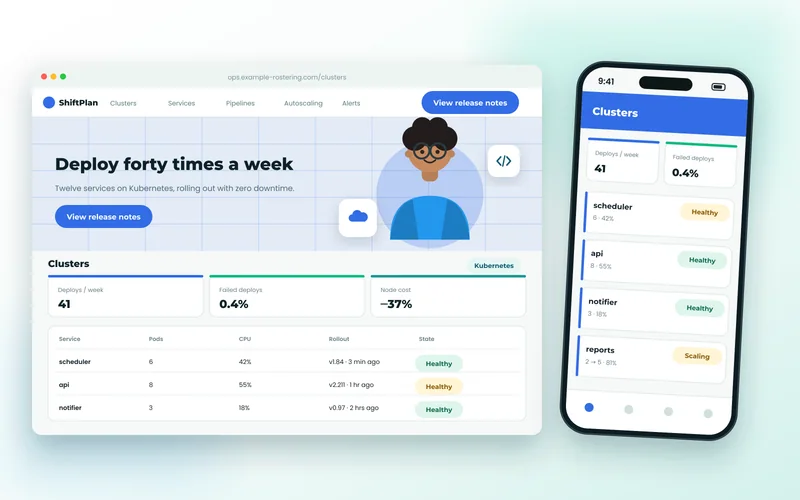 Kubernetes cluster dashboard showing services, rollouts and autoscaling