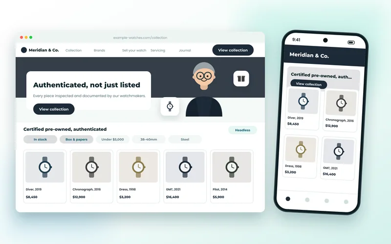 Luxury watch storefront showing individual pre-owned pieces with prices and filters