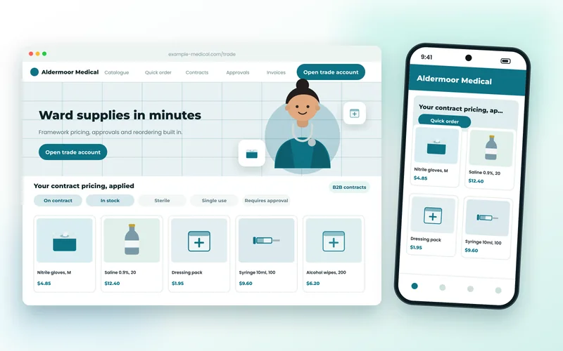 B2B medical supplies trade store showing contract pricing and approval workflow