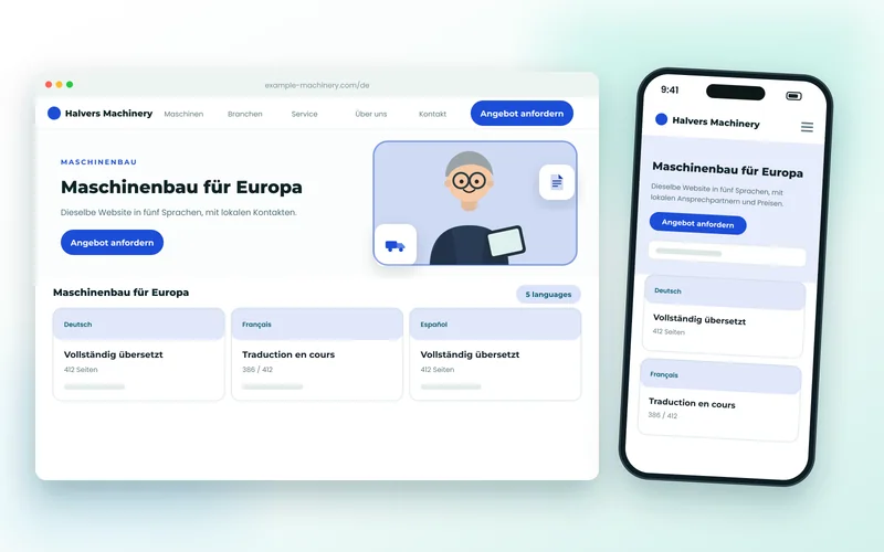 Multilingual manufacturer website shown in German with language and translation status