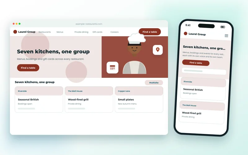 Restaurant group website showing individual venues, menus and booking options