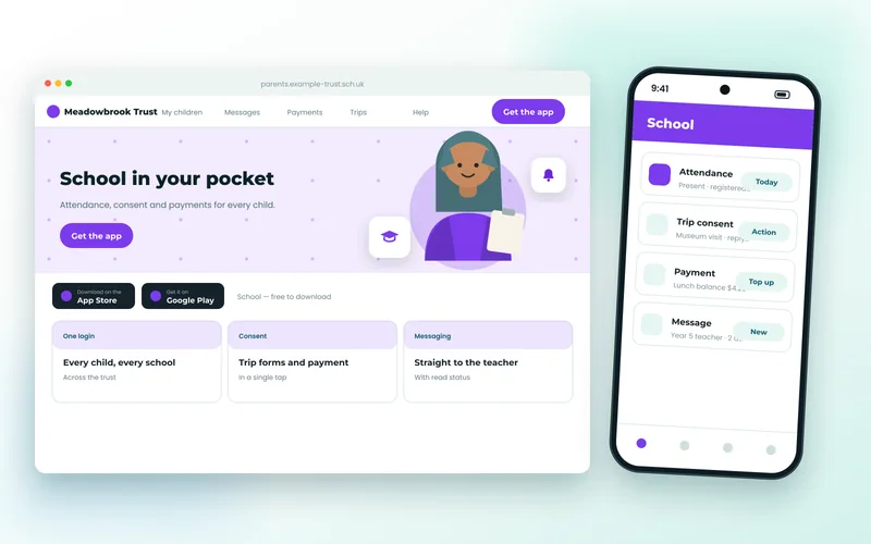 School parent app screens showing attendance, consent request and payment