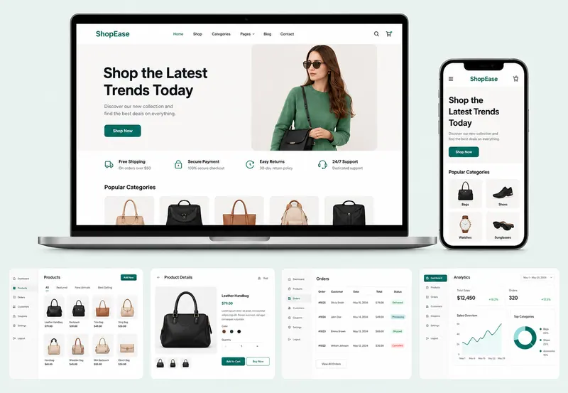 ShopEase eCommerce storefront on laptop and phone with product, order and analytics admin screens