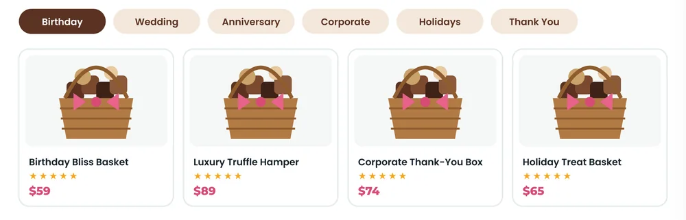 Shopify occasion filters and chocolate gift basket collection grid