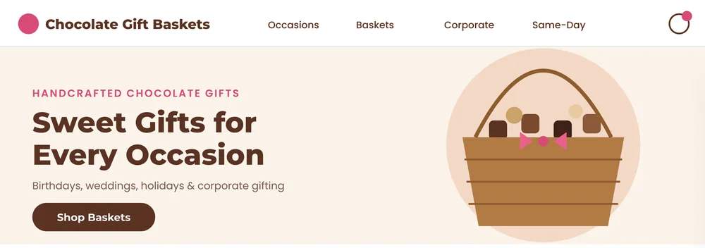 Shopify storefront hero for chocolate gift baskets for every occasion