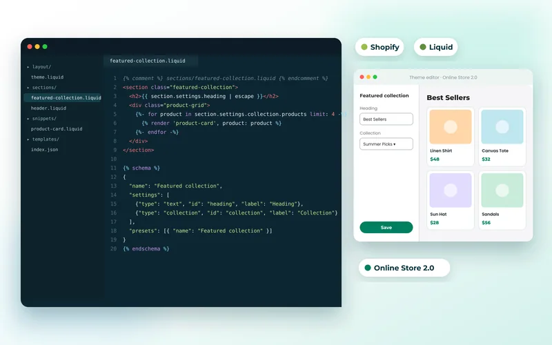 Shopify Liquid section code with schema settings beside the theme editor and resulting product section