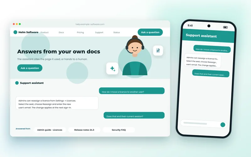 Support assistant conversation answering from product documentation with cited sources