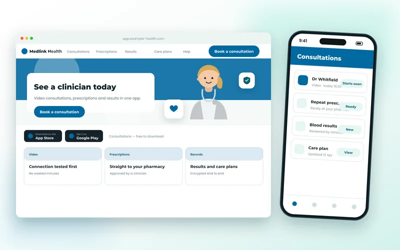 Telehealth app screens showing upcoming consultations and a video appointment