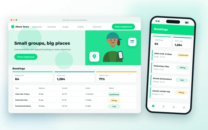 Tour operator booking dashboard showing departures, seats sold and guide assignments