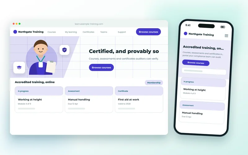 Learning portal showing course progress, assessments and certificate status