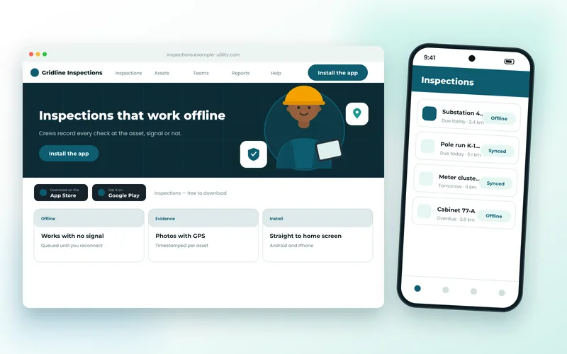 Field inspection app screens showing offline job list and a completed inspection form