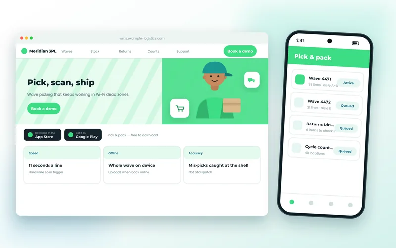 Warehouse picking app screens showing pick waves and a location scan confirmation