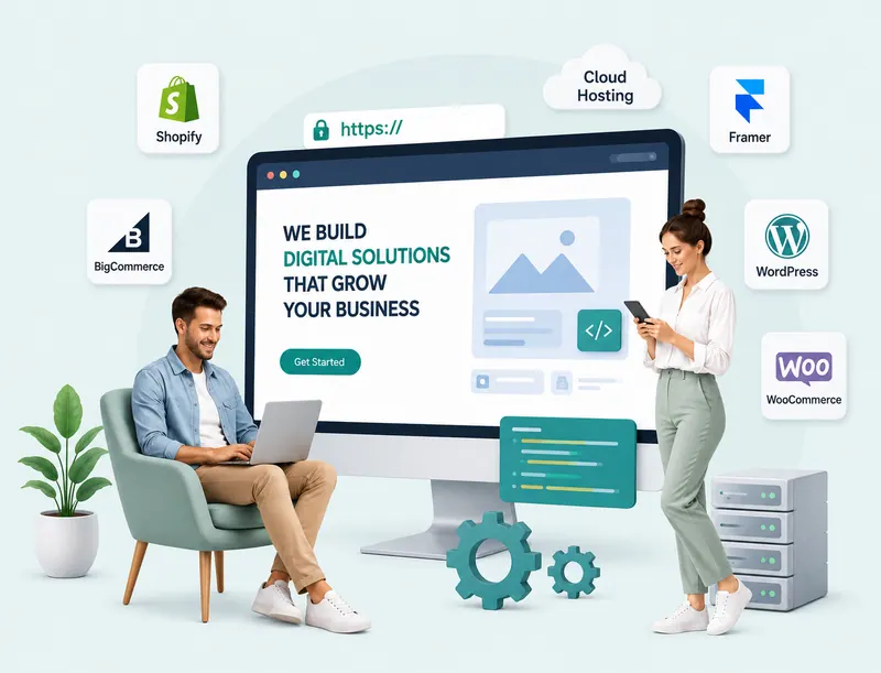 Illustration of a web development team building digital solutions that grow businesses