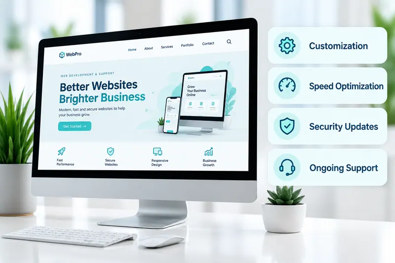 Website maintenance dashboard with customization, speed optimisation, security updates and ongoing support