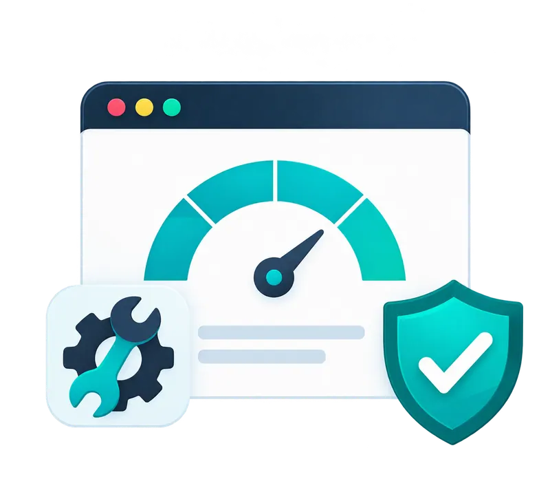 Website performance gauge with optimisation tools and a security shield