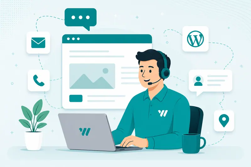 Web support specialist troubleshooting a website on a laptop