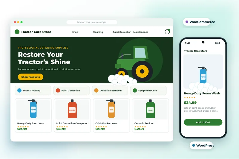 WooCommerce store for tractor cleaning and equipment care products on desktop and mobile, with foam wash, polish, oxidation remover and sealant