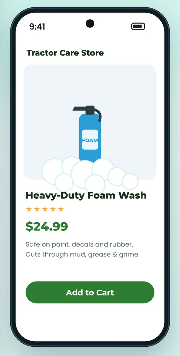Mobile WooCommerce product page for a heavy-duty foam wash with Add to Cart button