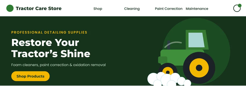 WooCommerce storefront hero for tractor cleaning and detailing supplies