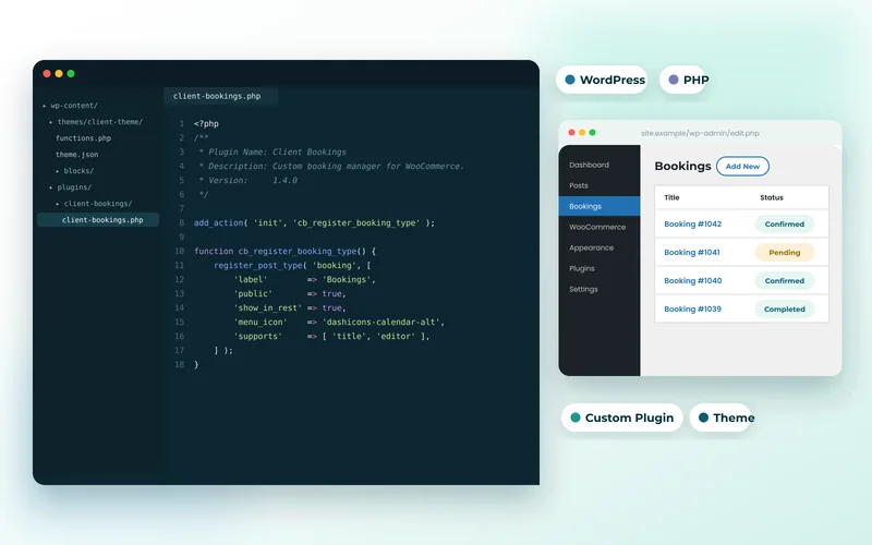 WordPress plugin code registering a custom Bookings post type beside the WordPress admin Bookings screen